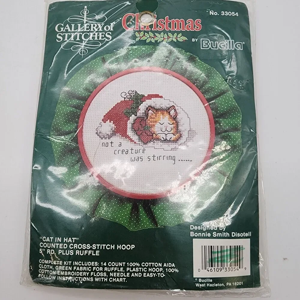 Vintage 90s Needlepoint Cross Stitch Kit Cat in Hat Christmas Gallery of Stitch